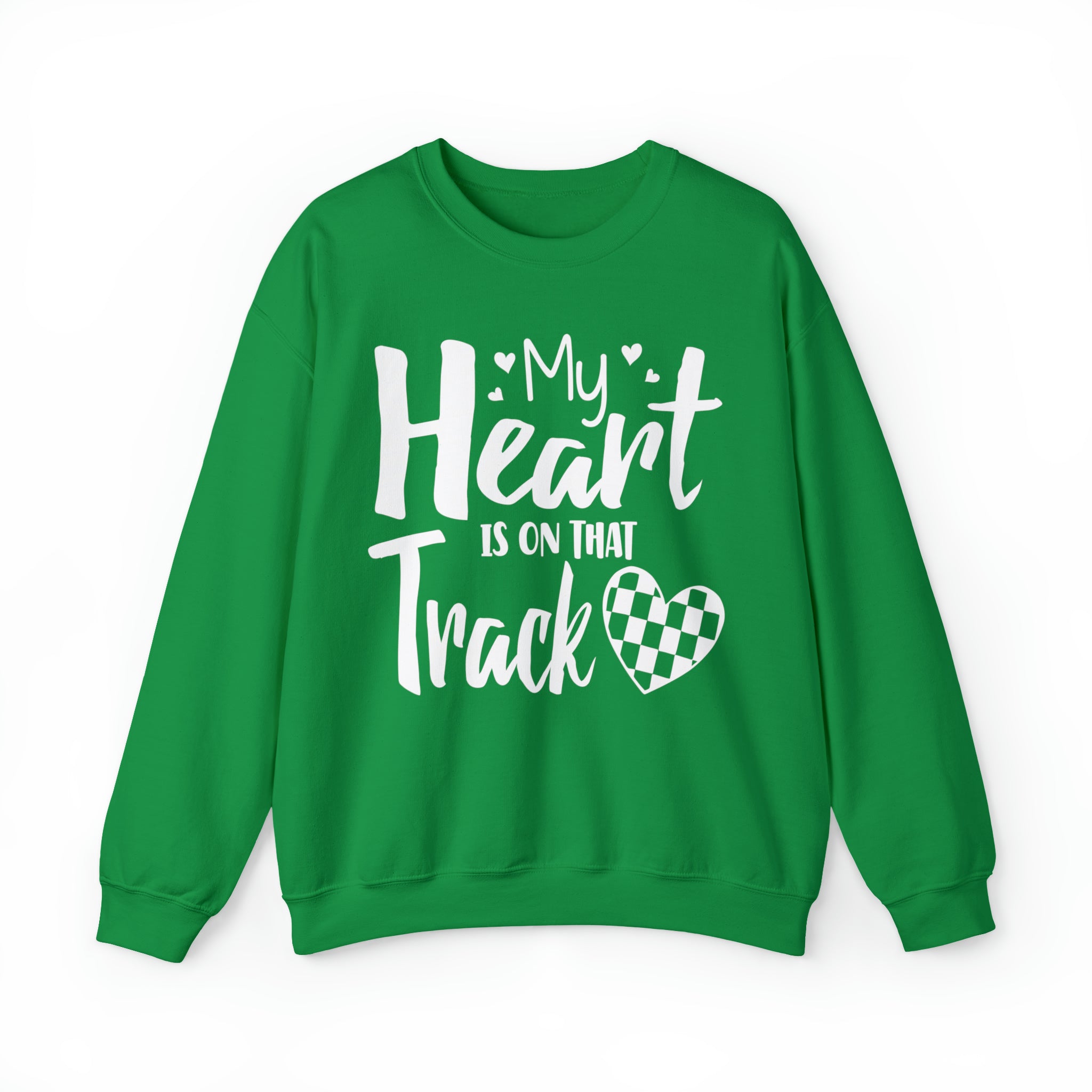 My Heart is on that Track with Checkered Heart Adult Unisex Heavy Blend™ Crewneck Sweatshirt | Racer's Wife Mom Girlfriend Sweatshirt