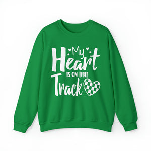 My Heart is on that Track with Checkered Heart Adult Unisex Heavy Blend™ Crewneck Sweatshirt | Racer's Wife Mom Girlfriend Sweatshirt