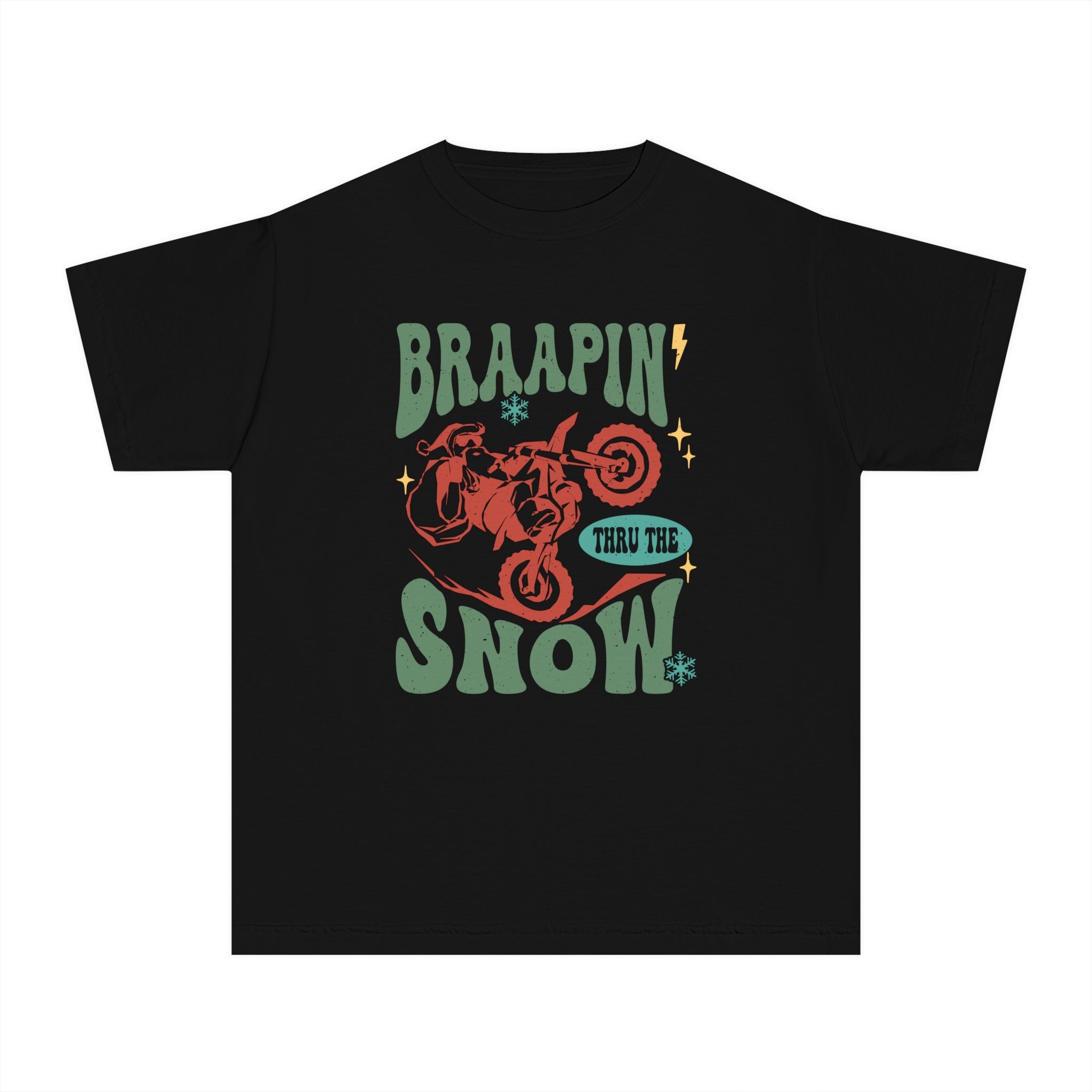 Braapin' Through the Snow Youth Garment-Dyed Midweight Tee | Kids Racing Themed Christmas T-Shirt