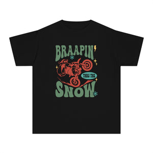 Braapin' Through the Snow Youth Garment-Dyed Midweight Tee | Kids Racing Themed Christmas T-Shirt