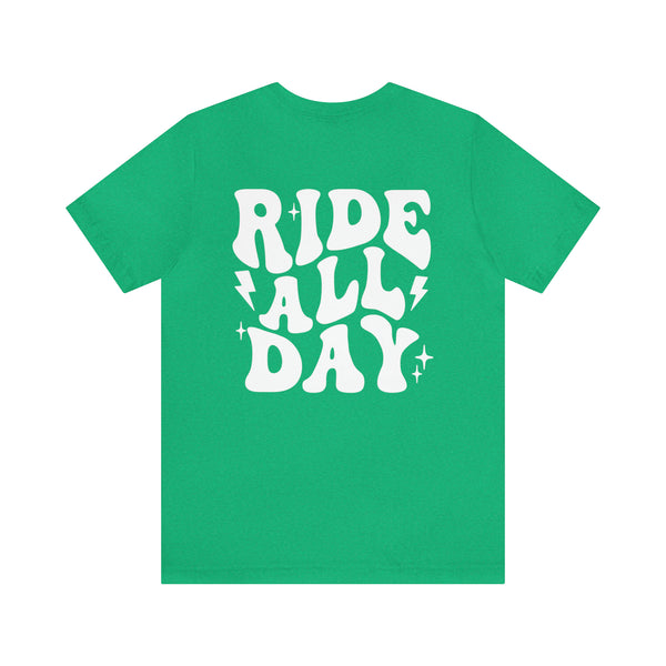 Retro Groovy Ride All Day with Shaka Hand Front and Back Design Adult Unisex Jersey Short Sleeve Tee | Ride Crew Ride Day Shirt