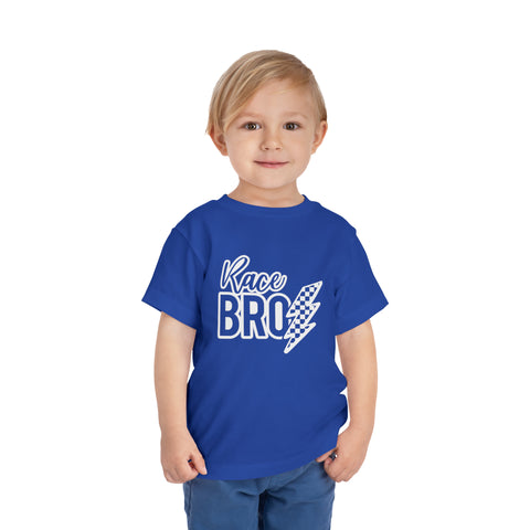 Race Bro With Checkered Lightning Bolt Toddler Short Sleeve Tee | Kids Race Day Toddler T-Shirt | SxS Moto Dirt Track Car Racing Shirt