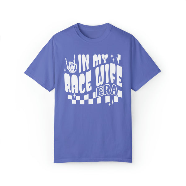 In My Race Wife Era Adult Unisex Garment-Dyed T-shirt | Funny Racing Themed Tee with Checkerboard Pattern