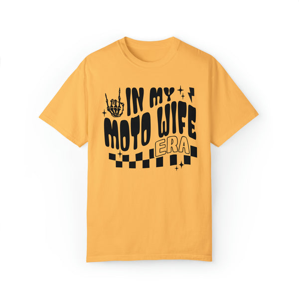 In My Moto Wife Era Adult Unisex Garment-Dyed T-shirt | Funny MX Motocross Racing Themed Tee with Checkerboard Pattern