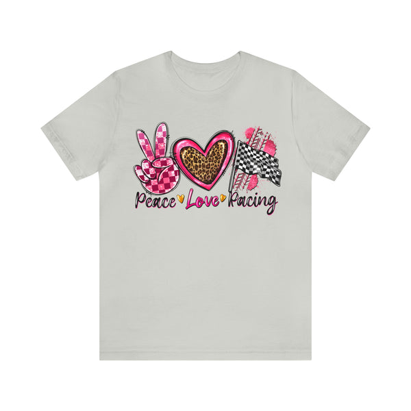 Peace Love Racing Hot Pink and Leopard Adult Unisex Jersey Short Sleeve Tee