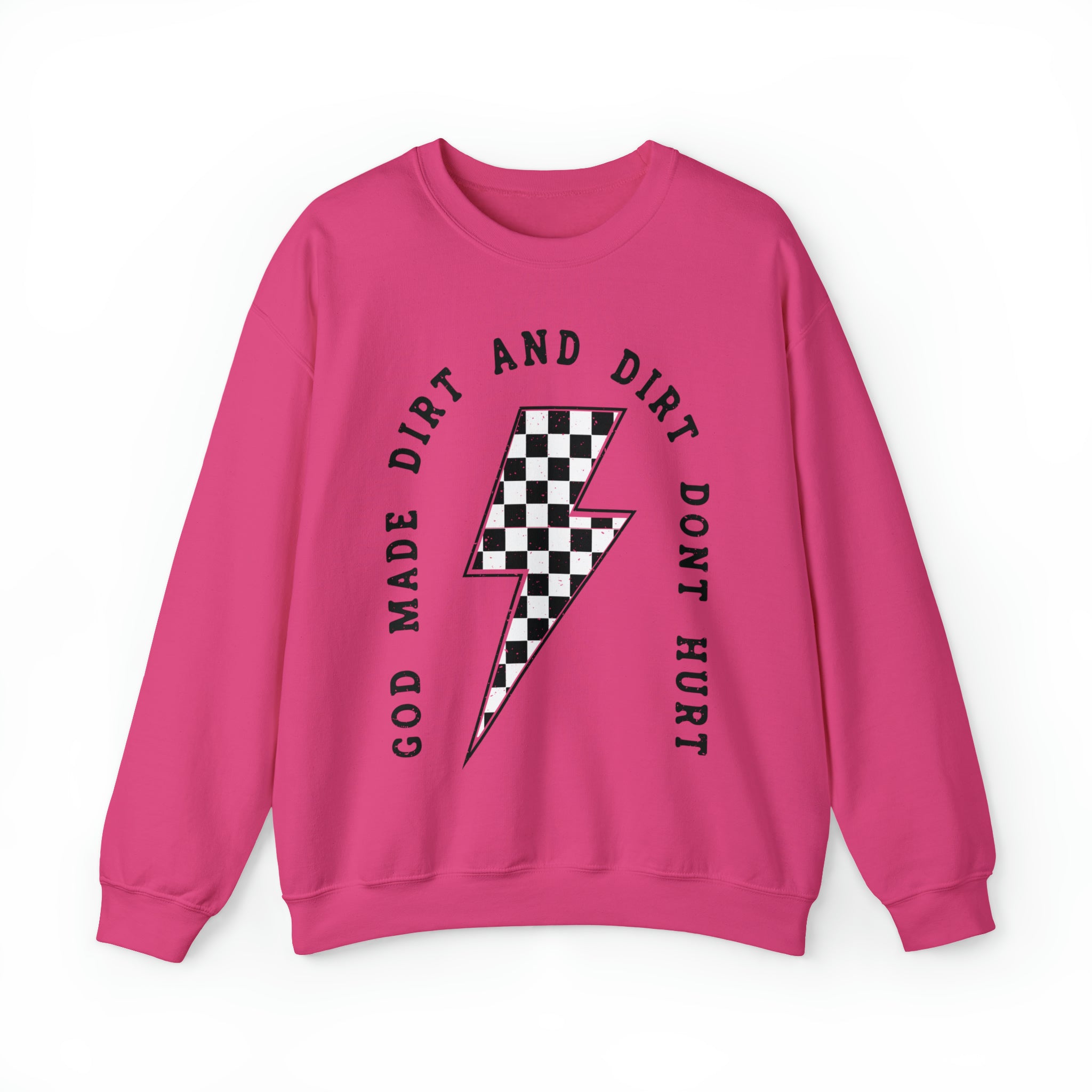 God Made Dirt and Dirt Don't Hurt with Checkered Lightning Bolt Adult Unisex Heavy Blend™ Crewneck Sweatshirt | Race Day Sweatshirt