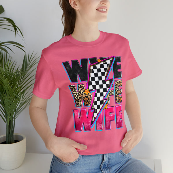 Race Wife with Checkered Lightning Bolt Adult Unisex Jersey Short Sleeve Tee