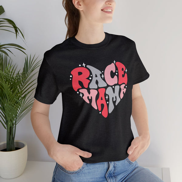 Race Mama Retro Heart Adult Unisex Jersey Short Sleeve Tee | Race Family Shirt | MX SX BMX Dirt Track Race Mom Valentine's Day Shirt