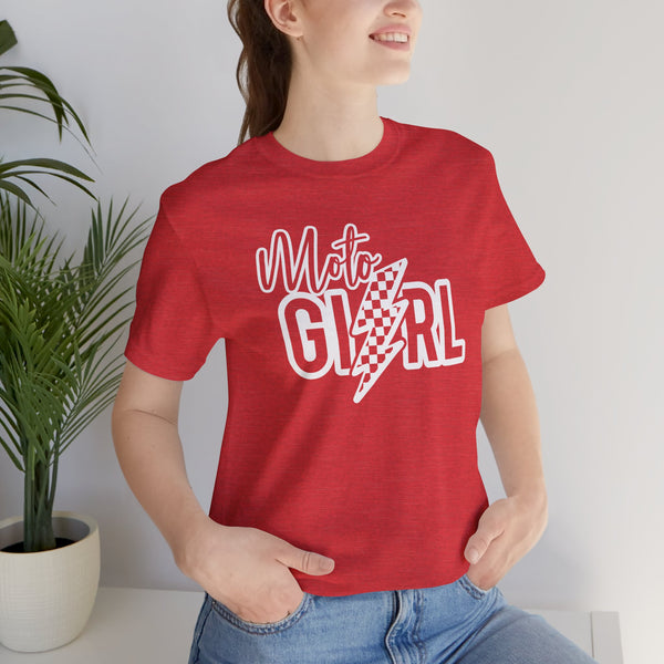 Moto Girl with Checkered Lightning Bolt Unisex Jersey Short Sleeve Tee | MX Motocross Dirt Bike Chick Shirt