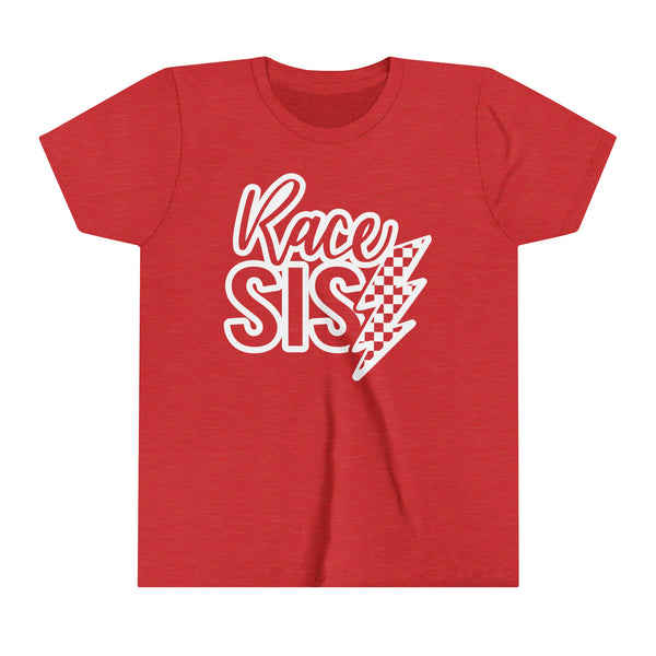 Race Sis With Checkered Lightning Bolt Youth Short Sleeve Tee | Kids Race Day Youth T-Shirt | SxS MX BMX Go Kart Dirt Track Car Race Sister