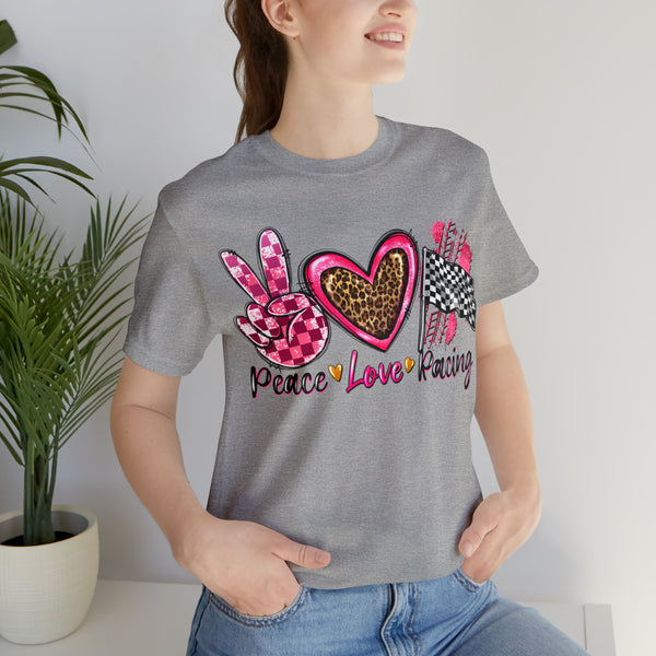 Peace Love Racing Hot Pink and Leopard Adult Unisex Jersey Short Sleeve Tee