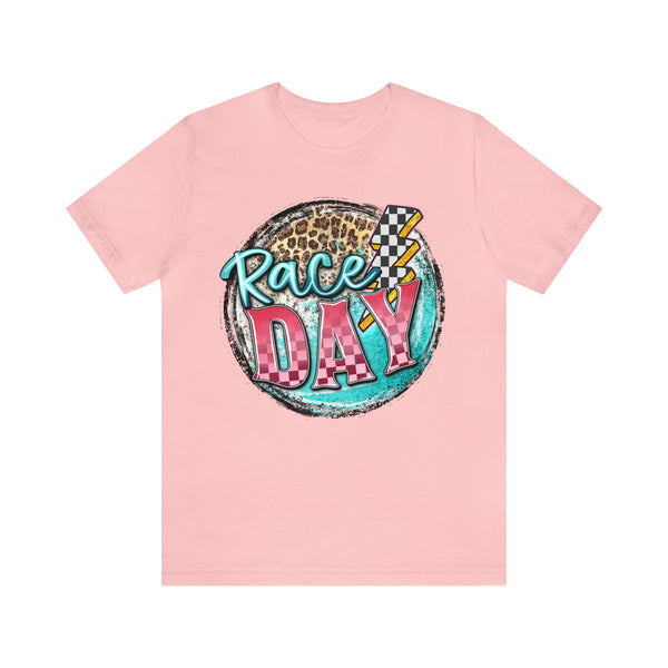 Race Day with Checkered Lightning Bolt and Leopard Print Unisex Jersey Short Sleeve Tee | Leopard Race Day Lightning Bolt T-Shirt