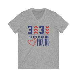 3 Up 3 Down My Boy is on the Mound Adult Unisex Jersey Short Sleeve V-Neck Tee | Baseball Pitcher's Mom or Dad Game Day T-Shirt
