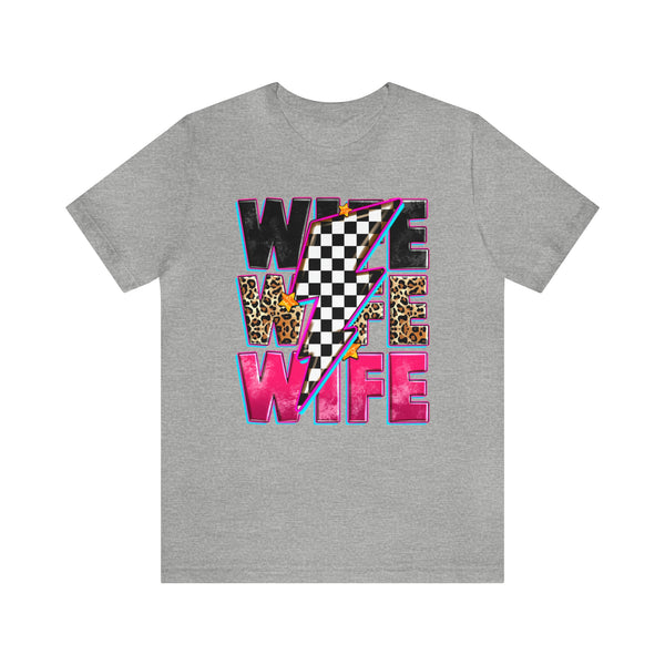 Race Wife with Checkered Lightning Bolt Adult Unisex Jersey Short Sleeve Tee