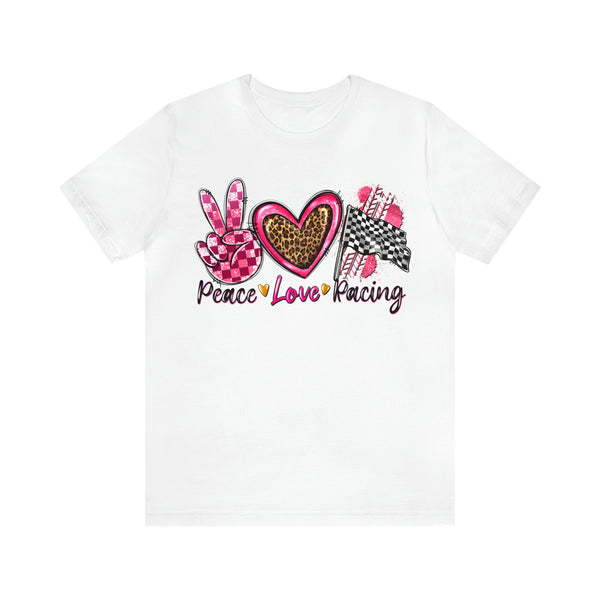 Peace Love Racing Hot Pink and Leopard Adult Unisex Jersey Short Sleeve Tee