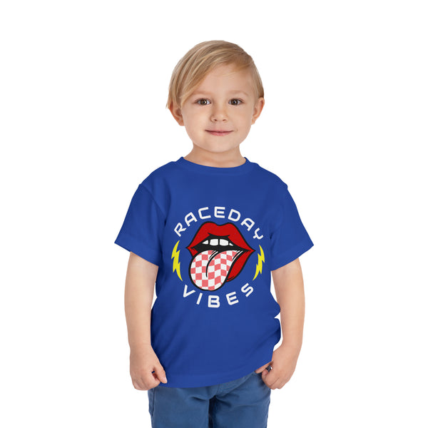 Raceday Vibes Toddler Short Sleeve Tee | Kids Race Day Toddler T-Shirt | SxS Moto Dirt Track Car Racing Shirts Lips Tongue Lightning Bolt