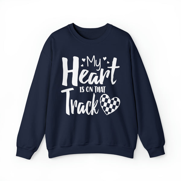 My Heart is on that Track with Checkered Heart Adult Unisex Heavy Blend™ Crewneck Sweatshirt | Racer's Wife Mom Girlfriend Sweatshirt