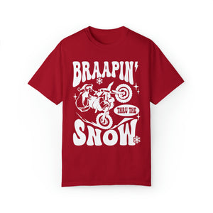 Braapin' Thru the Snow Adult Unisex Garment-Dyed T-shirt | Merry Christmas Motocross Tee | Santa on Dirt Bike Christmas Shirt