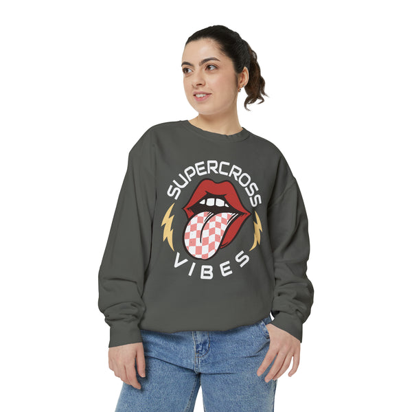 Supercross Vibes Unisex Garment-Dyed Sweatshirt | Supercross Race Day Sweatshirt | MX Motocross Dirt Track Sweatshirts Lips Tongue Lightning Bolt