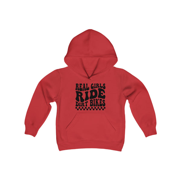 Kids Real Girls Ride Dirt Bikes Youth Heavy Blend Hooded Sweatshirt | Kids Moto Girl Hoodie | Moto Girl Youth Hoodie