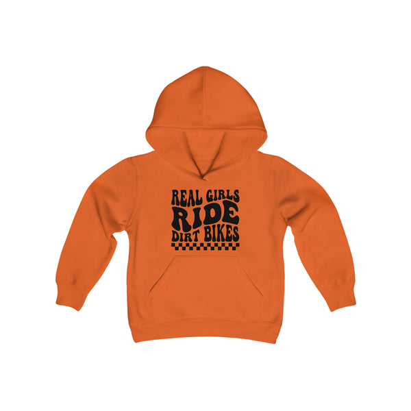 Kids Real Girls Ride Dirt Bikes Youth Heavy Blend Hooded Sweatshirt | Kids Moto Girl Hoodie | Moto Girl Youth Hoodie