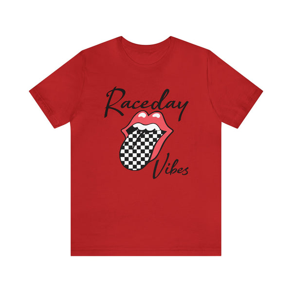 Raceday Vibes with Checkered Tongue Adult Unisex Jersey Short Sleeve Tee | Rad Race Day Vibes Shirt