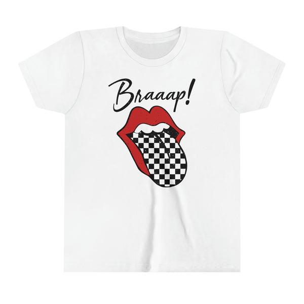 Braaap Youth Short Sleeve Tee | Kids Race Day Youth T-Shirt | SxS Moto Dirt Track Car Racing Shirts Lips Tongue Tee