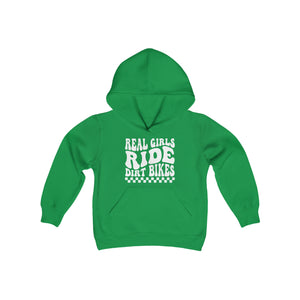 Kids Real Girls Ride Dirt Bikes Youth Heavy Blend Hooded Sweatshirt | Kids Moto Girl Hoodie | Moto Girl Youth Hoodie