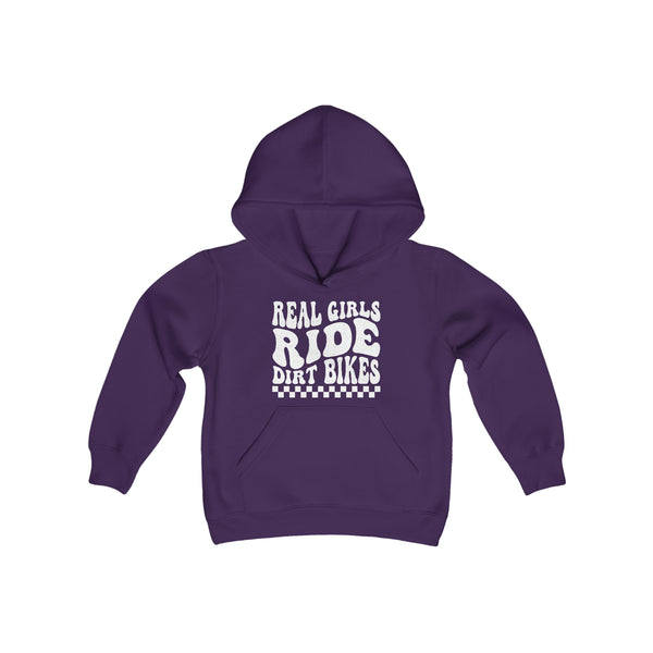 Kids Real Girls Ride Dirt Bikes Youth Heavy Blend Hooded Sweatshirt | Kids Moto Girl Hoodie | Moto Girl Youth Hoodie