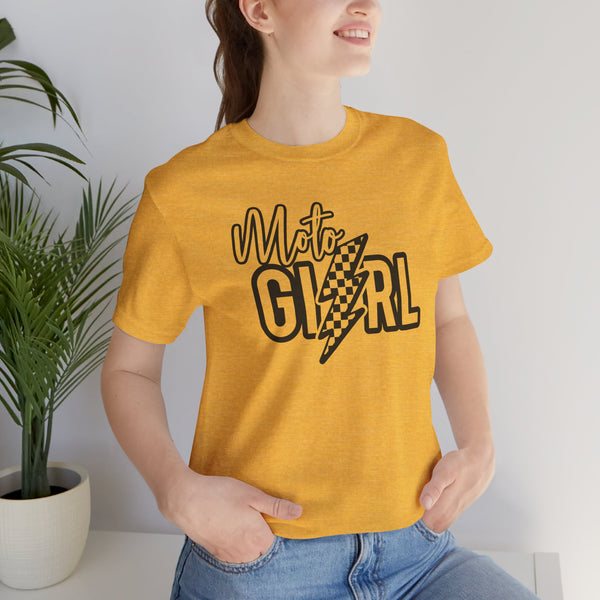 Moto Girl with Checkered Lightning Bolt Unisex Jersey Short Sleeve Tee | MX Motocross Dirt Bike Chick Shirt