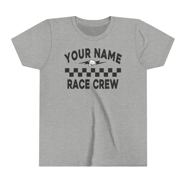 Personalized Your Name Race Crew with Fist and Lightning Bolt Youth Short Sleeve Tee | Kids Race Tees | Youth Race Crew Pit Crew Race Day Shirt