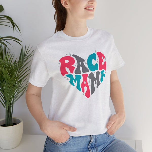 Race Mama Retro Heart Adult Unisex Jersey Short Sleeve Tee | Race Family Shirt | MX SX BMX Dirt Track Race Mom Valentine's Day Shirt