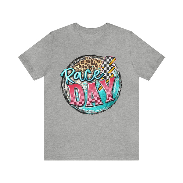 Race Day with Checkered Lightning Bolt and Leopard Print Unisex Jersey Short Sleeve Tee | Leopard Race Day Lightning Bolt T-Shirt