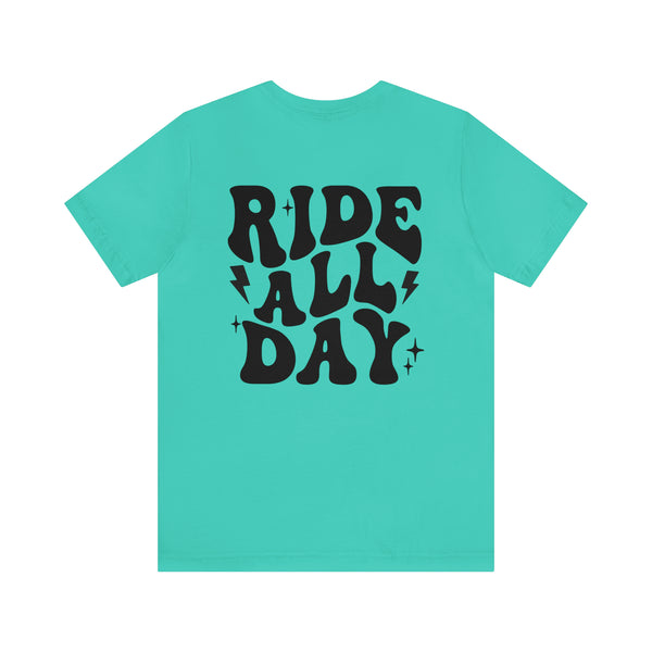 Retro Groovy Ride All Day with Shaka Hand Front and Back Design Adult Unisex Jersey Short Sleeve Tee | Ride Crew Ride Day Shirt