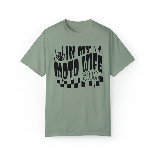 In My Moto Wife Era Adult Unisex Garment-Dyed T-shirt | Funny MX Motocross Racing Themed Tee with Checkerboard Pattern