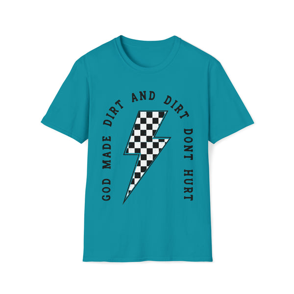 God Made Dirt and Dirt Don't Hurt with Checkered Lightning Bolt Adult Unisex Softstyle T-Shirt | Dirt Don't Hurt Race Day Shirt