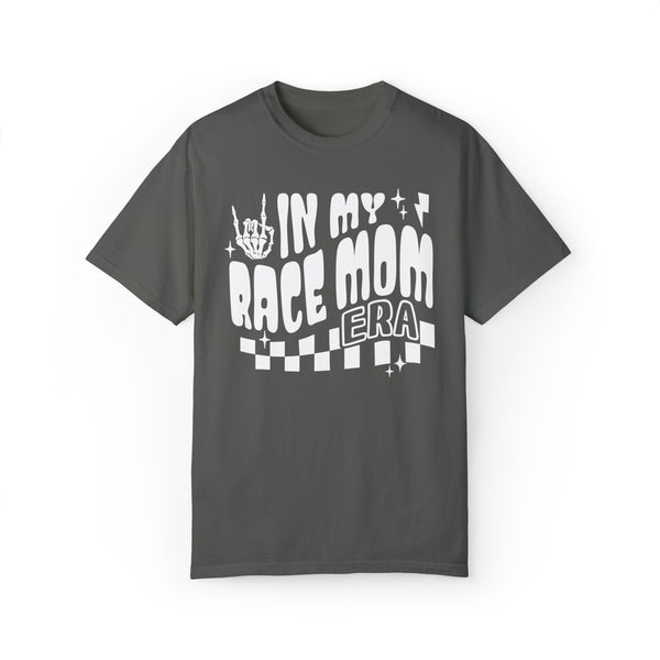 In My Race Mom Era Adult Unisex Garment-Dyed T-shirt | Funny Racing Themed Tee with Checkerboard Pattern