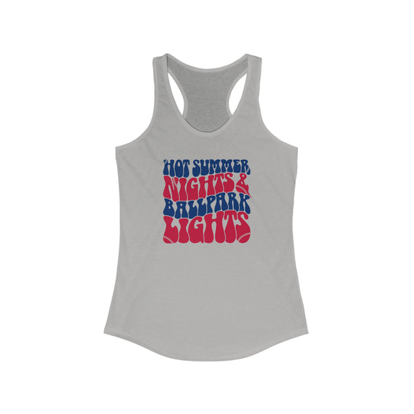 Hot Summer Nights and Ballpark Lights Ladies Ideal Racerback Tank | Number One Fan Baseball or Softball Mom or Girlfriend Game Day Tank