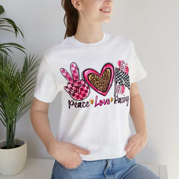 Peace Love Racing Hot Pink and Leopard Adult Unisex Jersey Short Sleeve Tee