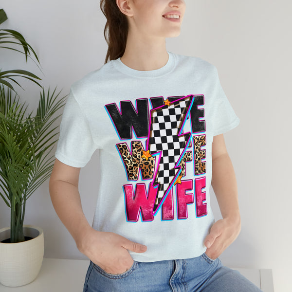 Race Wife with Checkered Lightning Bolt Adult Unisex Jersey Short Sleeve Tee