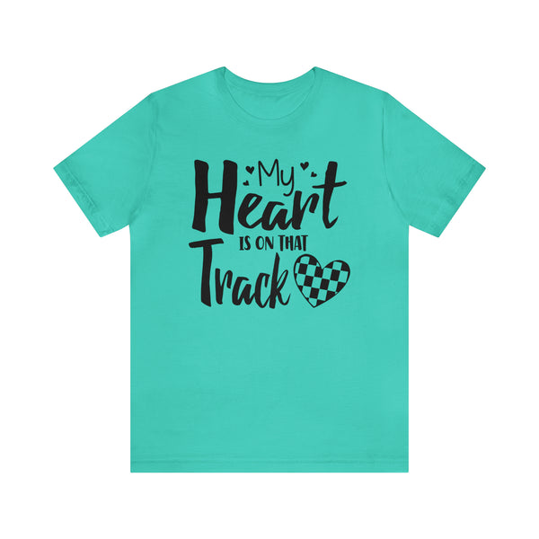 My Heart is on that Track with Checkered Heart Adult Unisex Jersey Short Sleeve Tee | Racer's Wife Mom Girlfriend Shirt