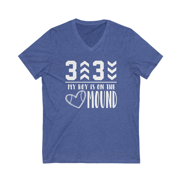 3 Up 3 Down My Boy is on the Mound Adult Unisex Jersey Short Sleeve V-Neck Tee | Baseball Pitcher's Mom or Dad Game Day T-Shirt