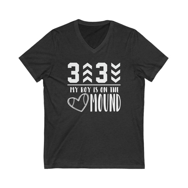 3 Up 3 Down My Boy is on the Mound Adult Unisex Jersey Short Sleeve V-Neck Tee | Baseball Pitcher's Mom or Dad Game Day T-Shirt