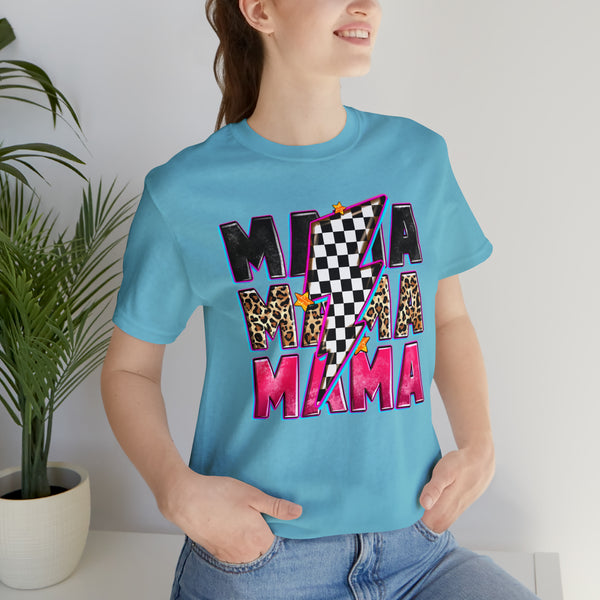 Race Mama with Checkered Lightning Bolt Adult Unisex Jersey Short Sleeve Tee