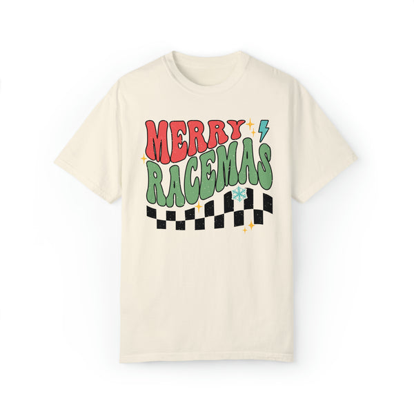 Merry Racemas Adult Unisex Garment-Dyed T-shirt | Racing Themed Christmas Tee | Merry Christmas Race Day Tee