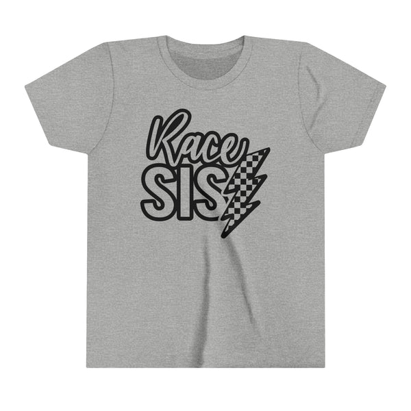 Race Sis With Checkered Lightning Bolt Youth Short Sleeve Tee | Kids Race Day Youth T-Shirt | SxS MX BMX Go Kart Dirt Track Car Race Sister