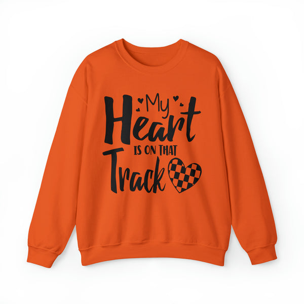 My Heart is on that Track with Checkered Heart Adult Unisex Heavy Blend™ Crewneck Sweatshirt | Racer's Wife Mom Girlfriend Sweatshirt