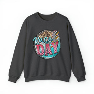 Race Day with Checkered Lightning Bolt Adult Unisex Heavy Blend™ Crewneck Sweatshirt | Leopard Print Race Day Crewneck Sweatshirt