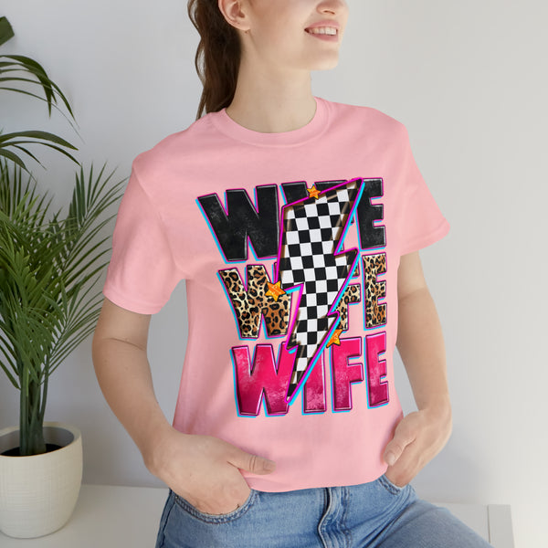 Race Wife with Checkered Lightning Bolt Adult Unisex Jersey Short Sleeve Tee