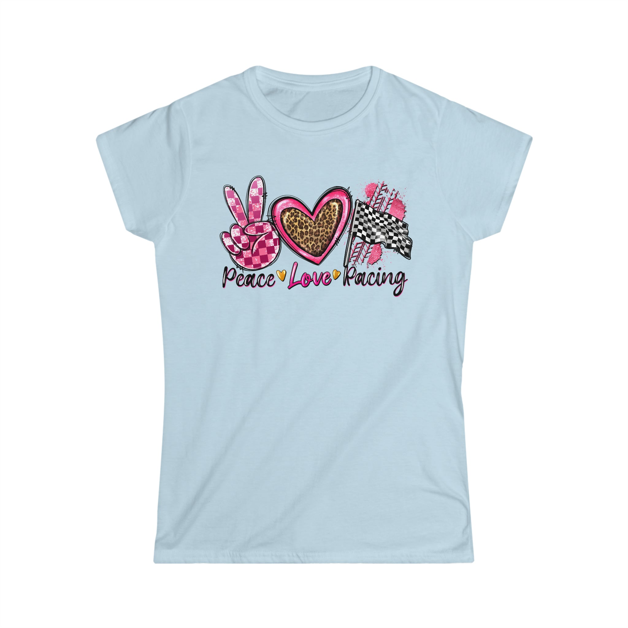 Ladies Peace Love and Racing Checkered Flag Softstyle Tee